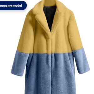 jsaierl Faux Fur Long Coat Women's Blue/Yellow Color Block Overcoat